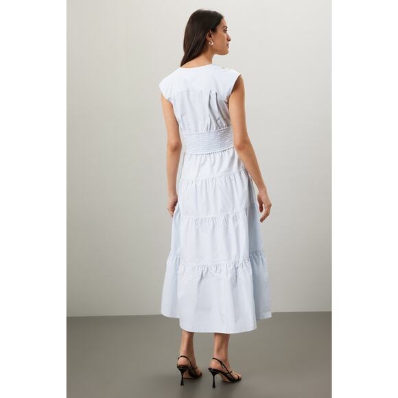 DEREK LAM X RTR Light Blue 100% Cotton Hourglass Cap Sleeve Tiered Dress Size 46 - Picture 3 of 12